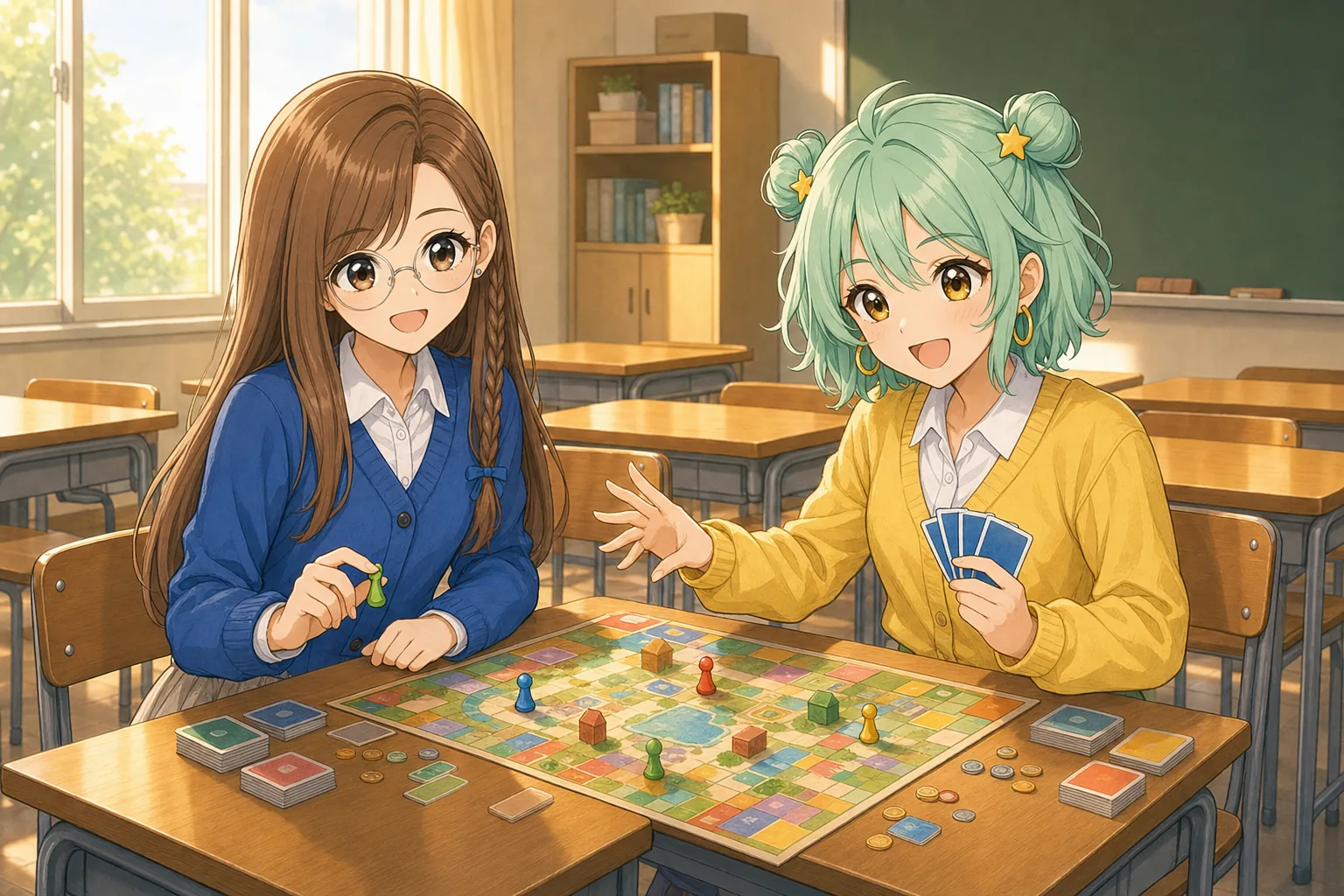 蜂谷まこと、星見めいが放課後の教室でボードゲームを楽しむ様子
