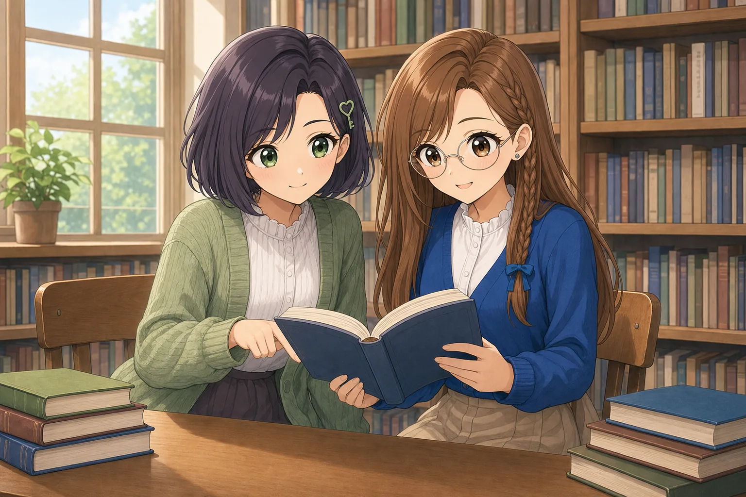 紫垣こはる先生、蜂谷まことが図書室で読書会を楽しむ様子