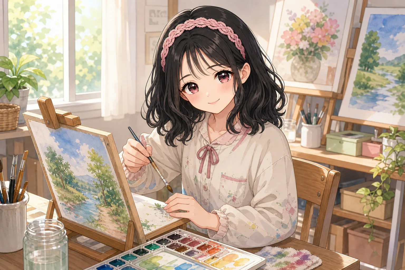 小夜川ほのかが美術室で水彩画を楽しむ様子