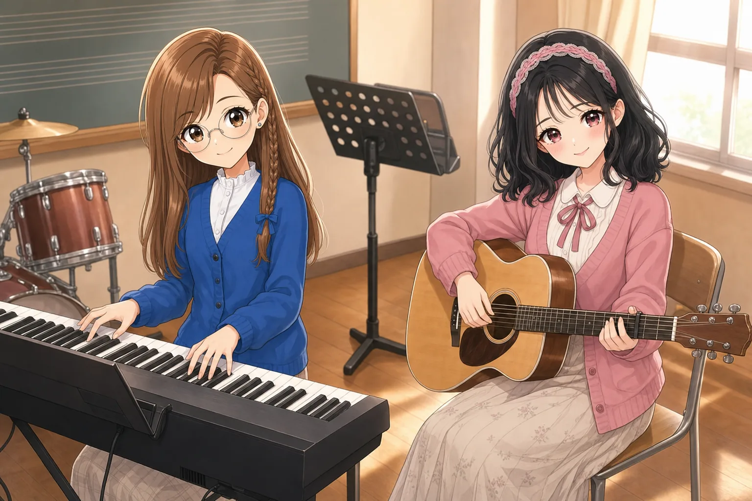 蜂谷まこと、小夜川ほのかが音楽室でセッションを楽しむ様子