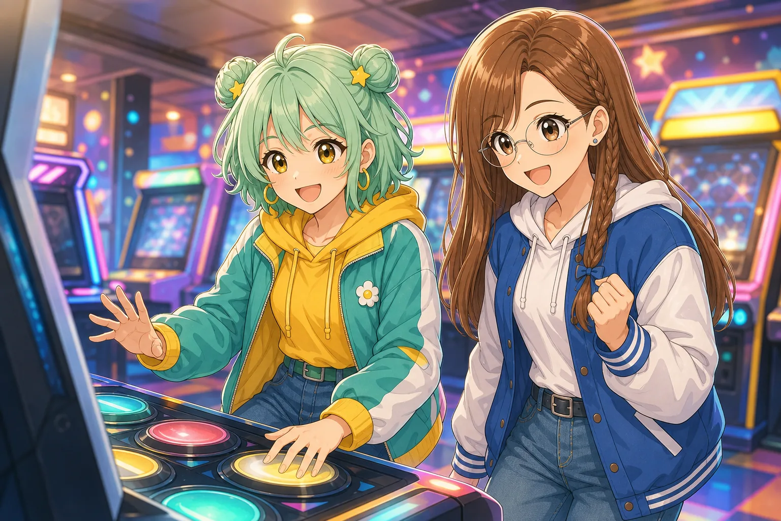 星見めい、蜂谷まことがゲームセンターで協力プレイを楽しむ様子