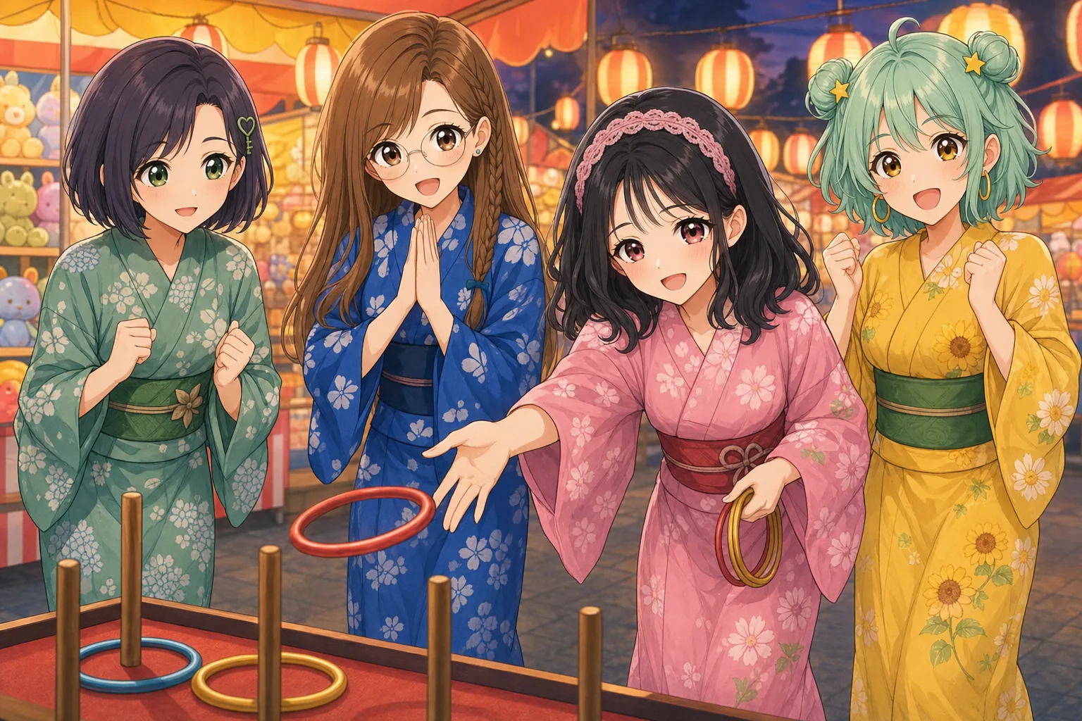 紫垣こはる先生、蜂谷まこと、小夜川ほのか、星見めいが夏祭りで輪投げを楽しむ様子