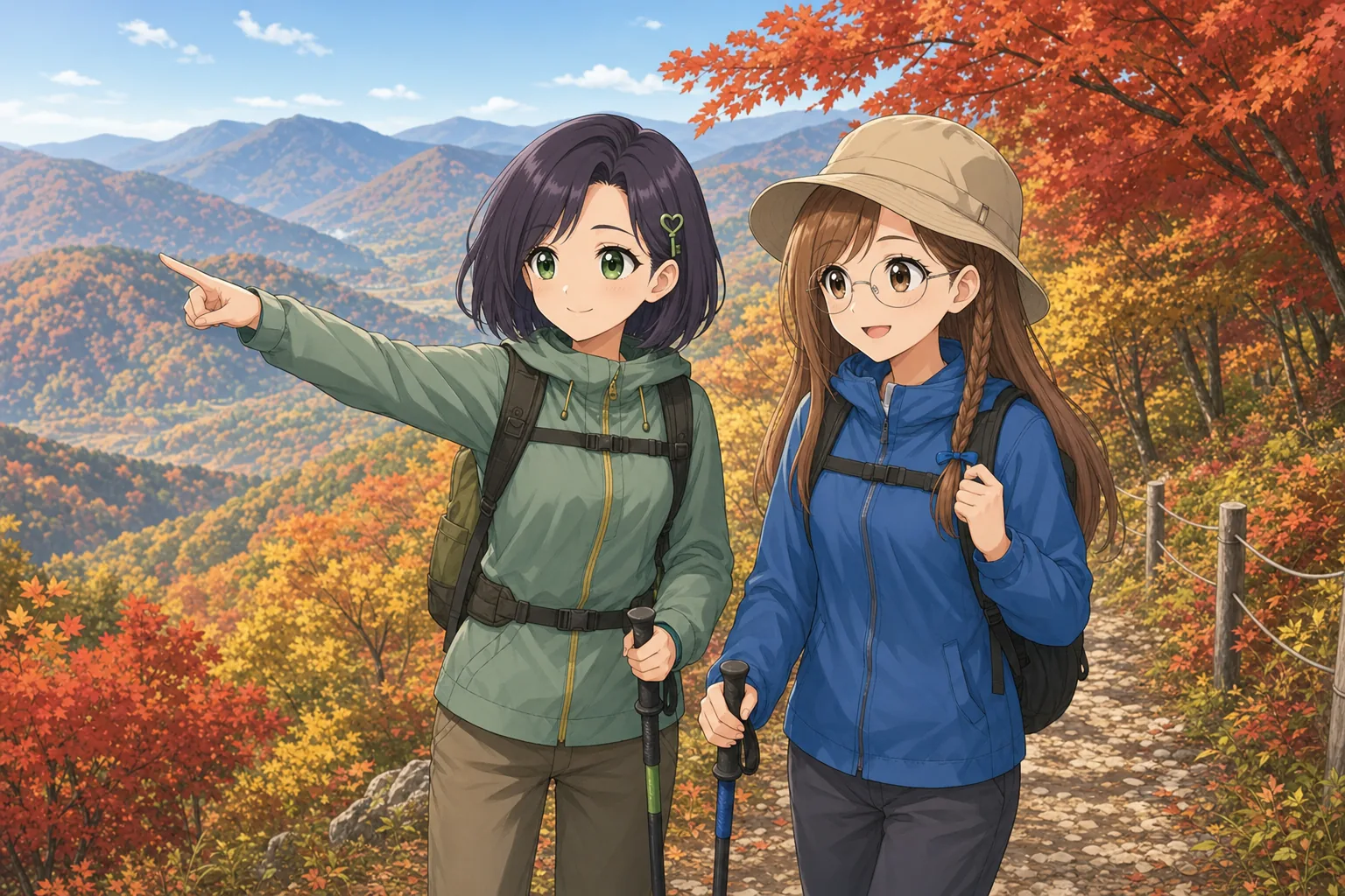 紫垣こはる先生、蜂谷まことが紅葉の山をハイキングを楽しむ様子