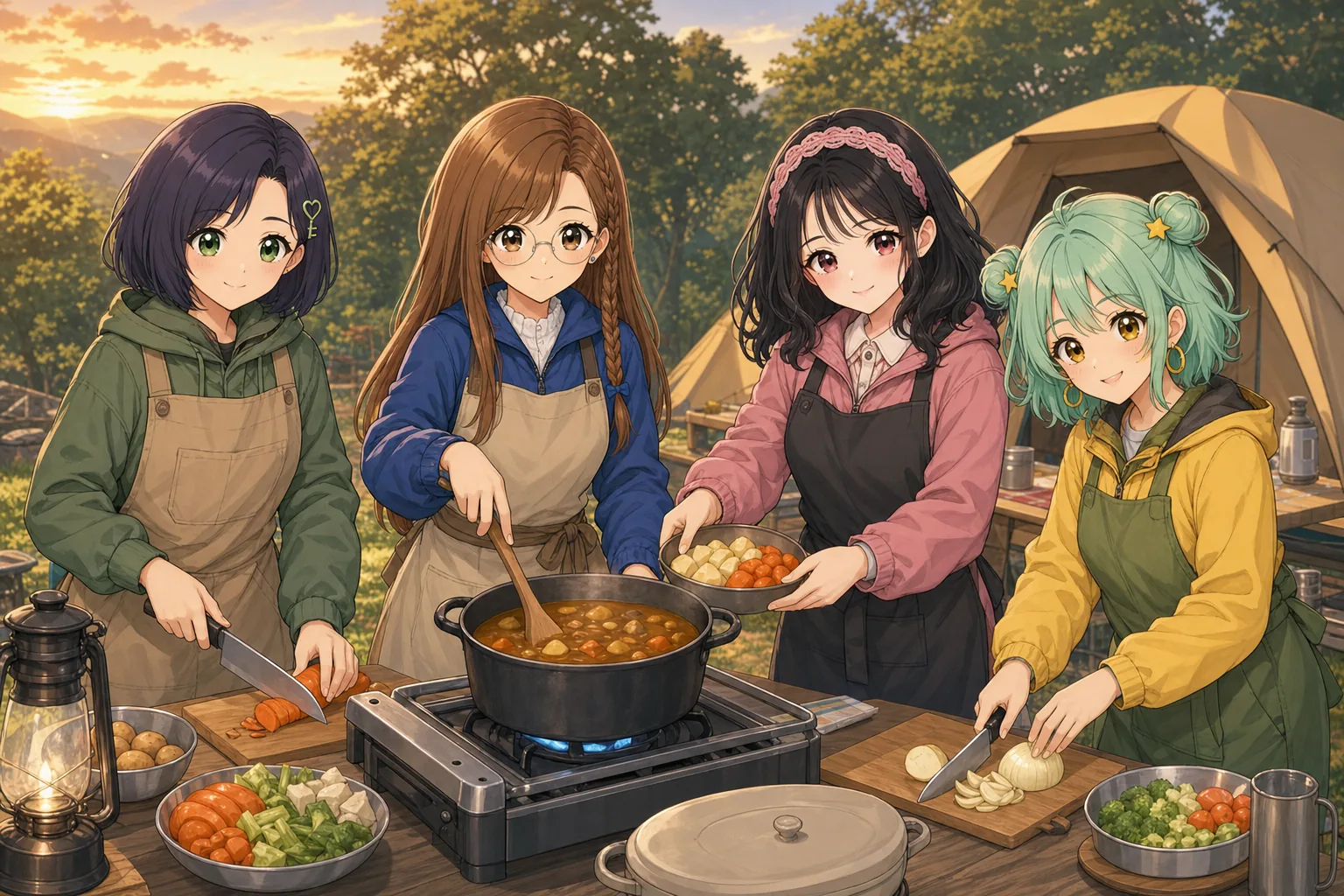 紫垣こはる先生、蜂谷まこと、小夜川ほのか、星見めいがキャンプでカレー作りを楽しむ様子