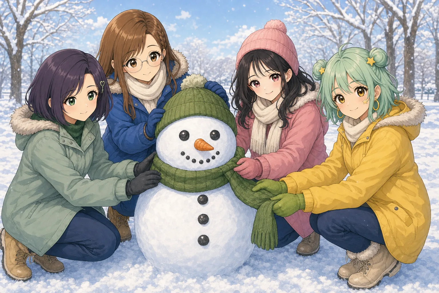 紫垣こはる先生、蜂谷まこと、小夜川ほのか、星見めいが雪だるま作りを楽しむ様子