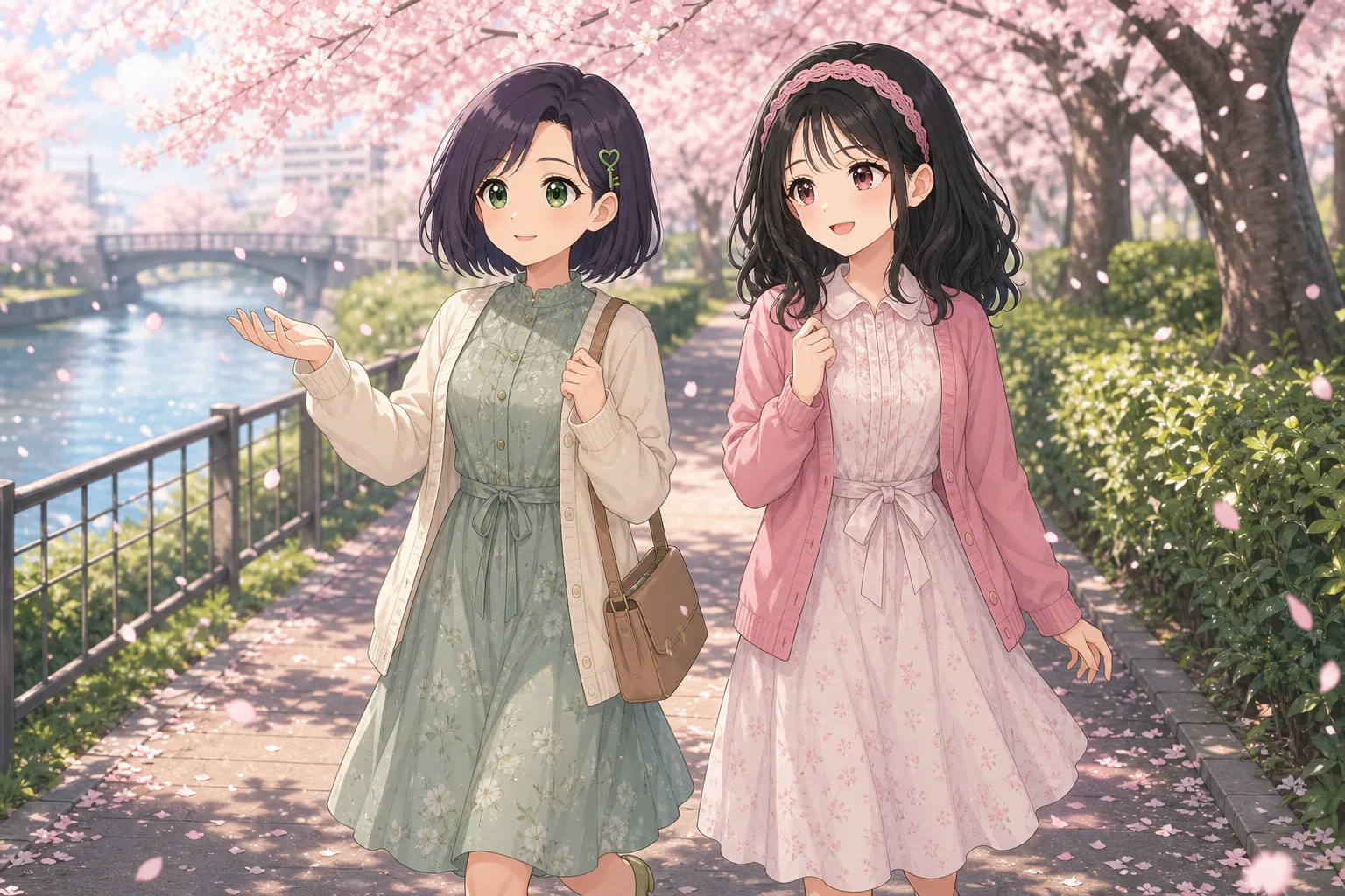 紫垣こはる先生、小夜川ほのかが桜並木をお散歩を楽しむ様子