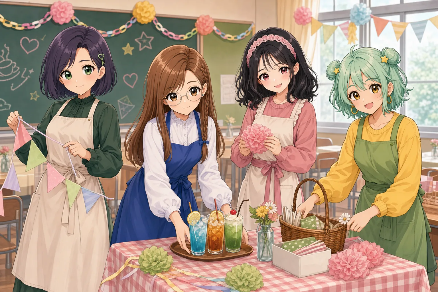 紫垣こはる先生、蜂谷まこと、小夜川ほのか、星見めいが文化祭のカフェ準備を楽しむ様子