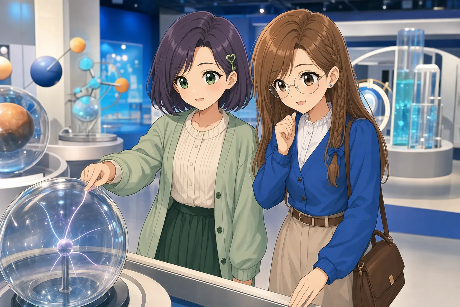 紫垣こはる先生、蜂谷まことが科学館の体験展示を楽しむ様子