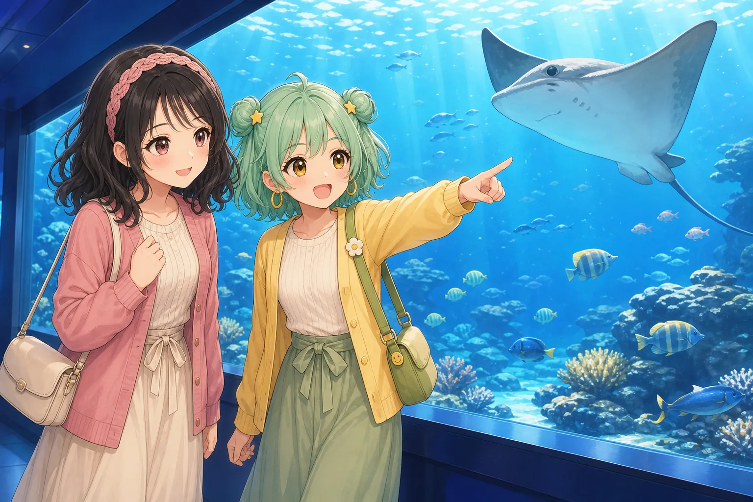 小夜川ほのか、星見めいが水族館で大水槽を鑑賞を楽しむ様子