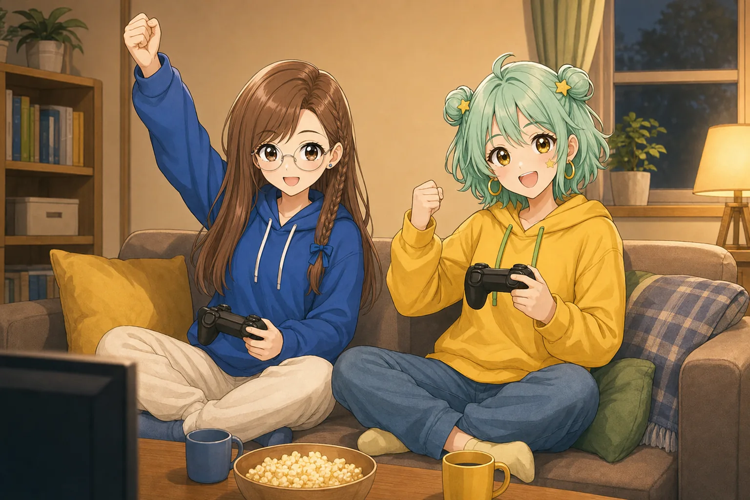 蜂谷まこと、星見めいが部室で協力ゲームを楽しむ様子