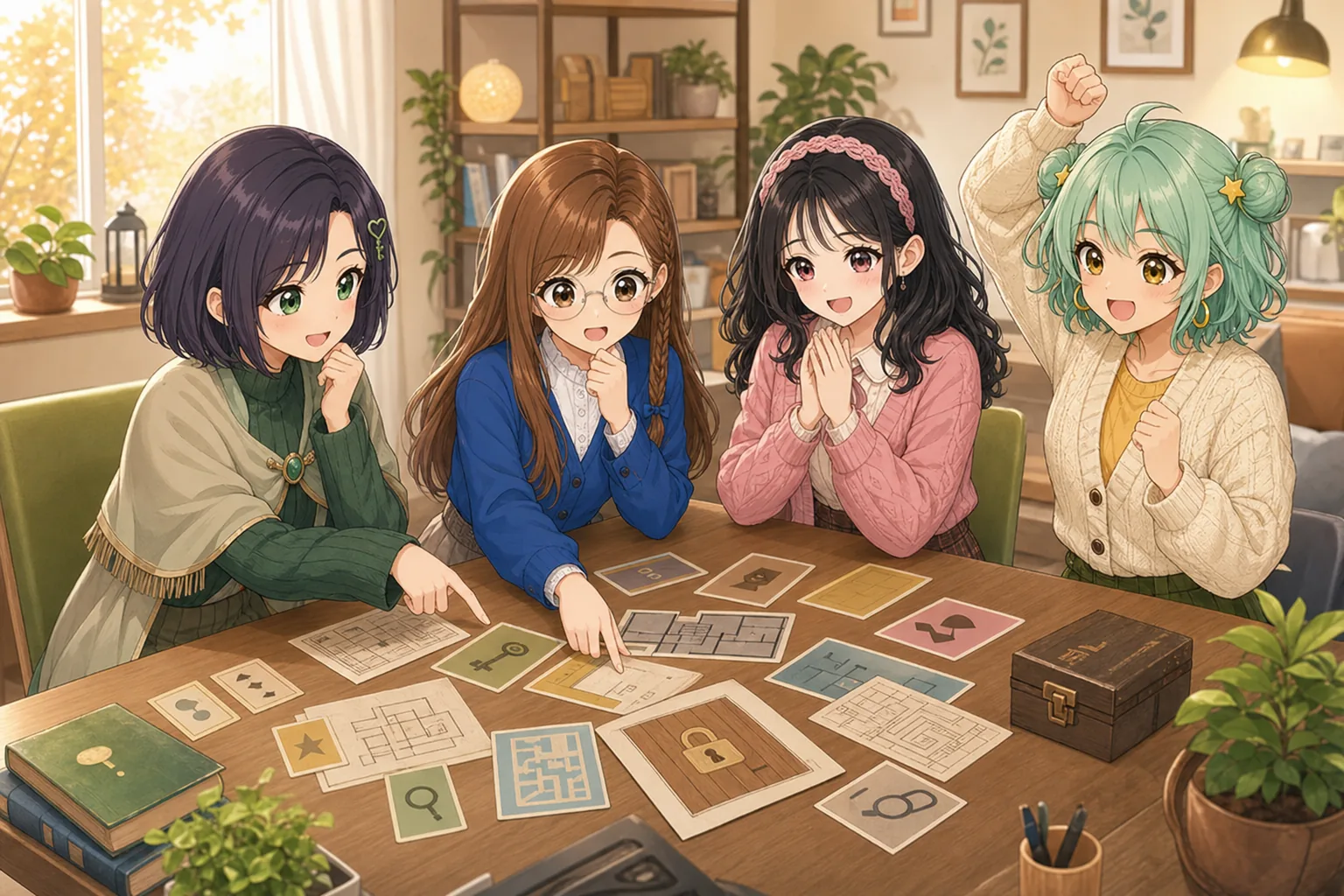 紫垣こはる先生、蜂谷まこと、小夜川ほのか、星見めいがテーブル謎解きゲームを楽しむ様子