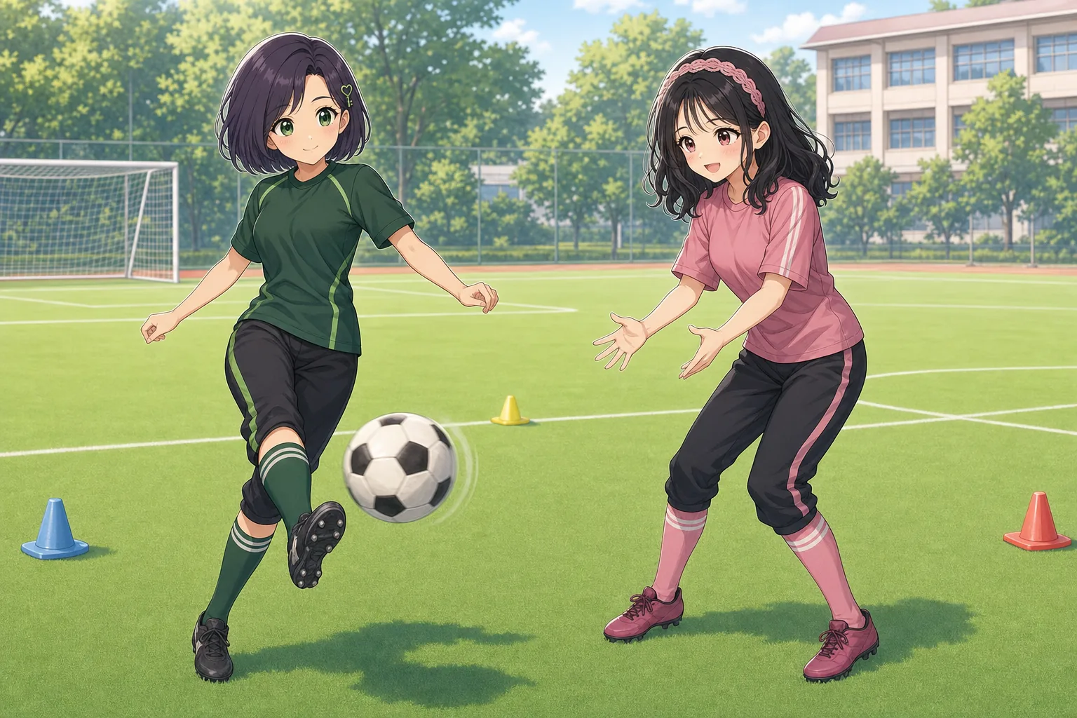 紫垣こはる先生、小夜川ほのかがグラウンドでサッカー練習を楽しむ様子