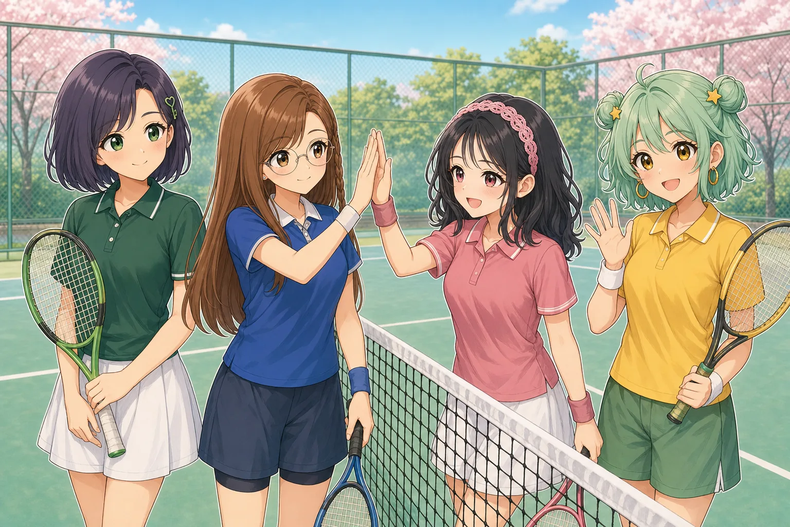 紫垣こはる先生、蜂谷まこと、小夜川ほのか、星見めいがテニスのダブルスを楽しむ様子