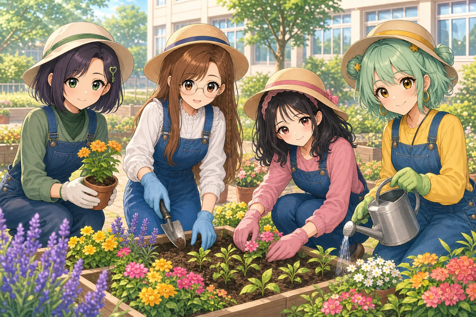 紫垣こはる先生、蜂谷まこと、小夜川ほのか、星見めいが校庭のガーデニングを楽しむ様子